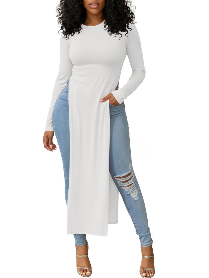 OPOIPIN Women's Crew Neck Split Slit Hem Long Sleeve Slim Fit Tee Top Long Shirt Tunic White X-Large - Image 2