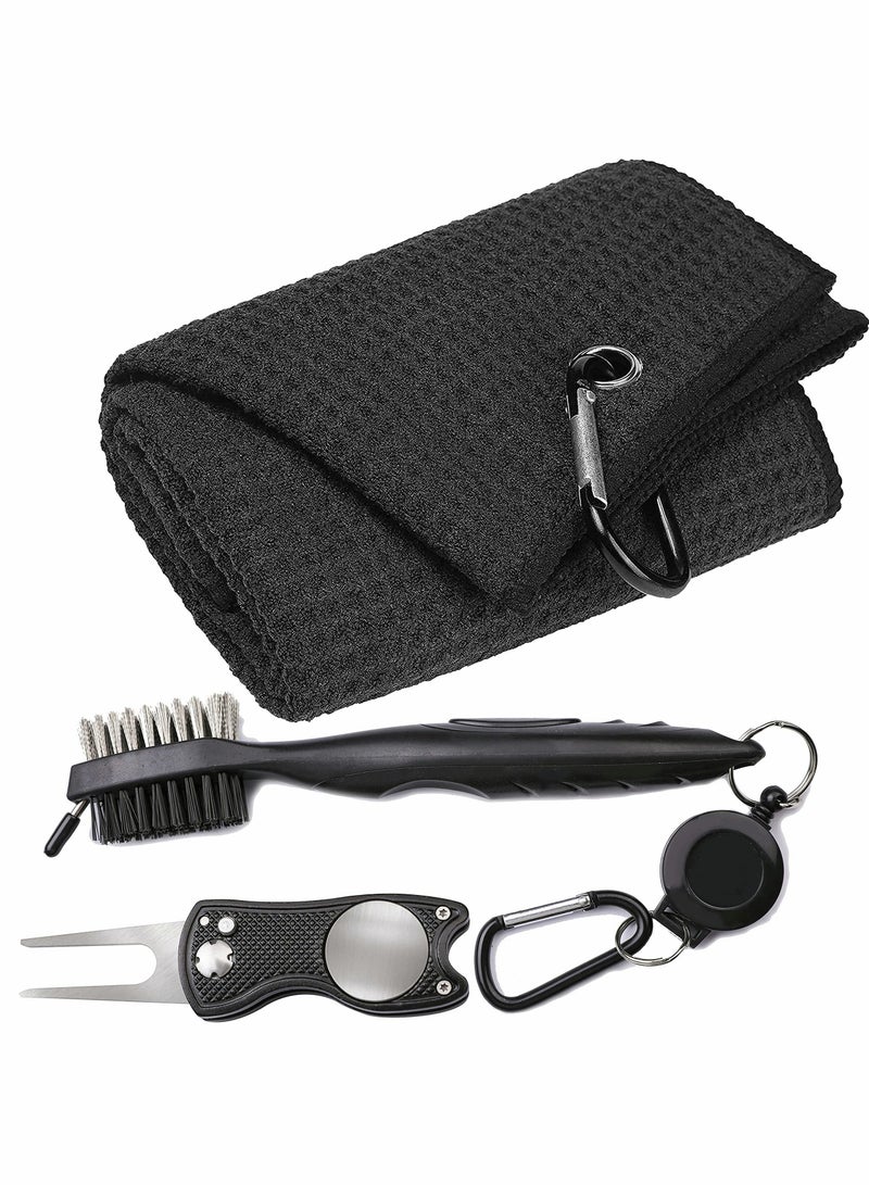 Y&D Microfiber Waffle Pattern Tri-fold Golf Towel (16" x 24")| Club Brush| Divot Tool| Black Set| Suitable for Lovers| Accessories Men - Image 1