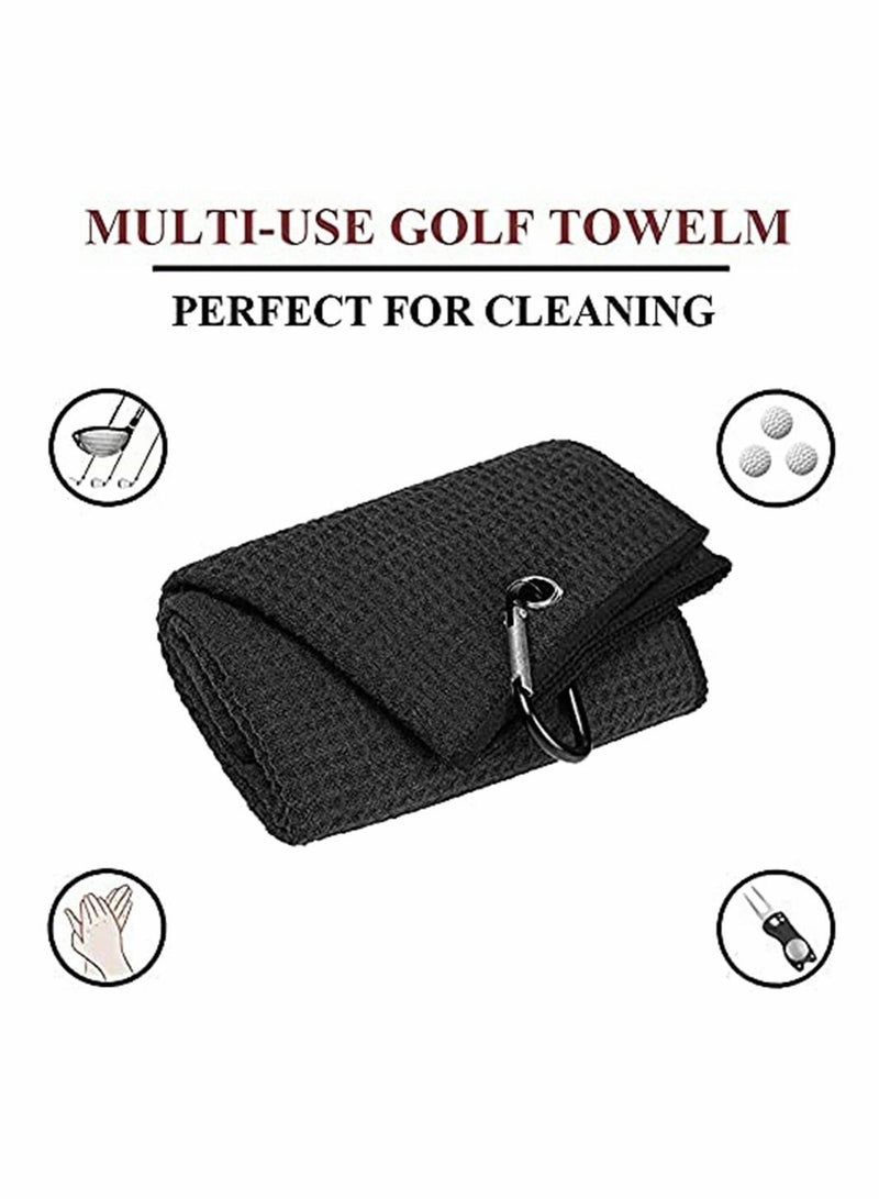 Y&D Microfiber Waffle Pattern Tri-fold Golf Towel (16" x 24")| Club Brush| Divot Tool| Black Set| Suitable for Lovers| Accessories Men - Image 2