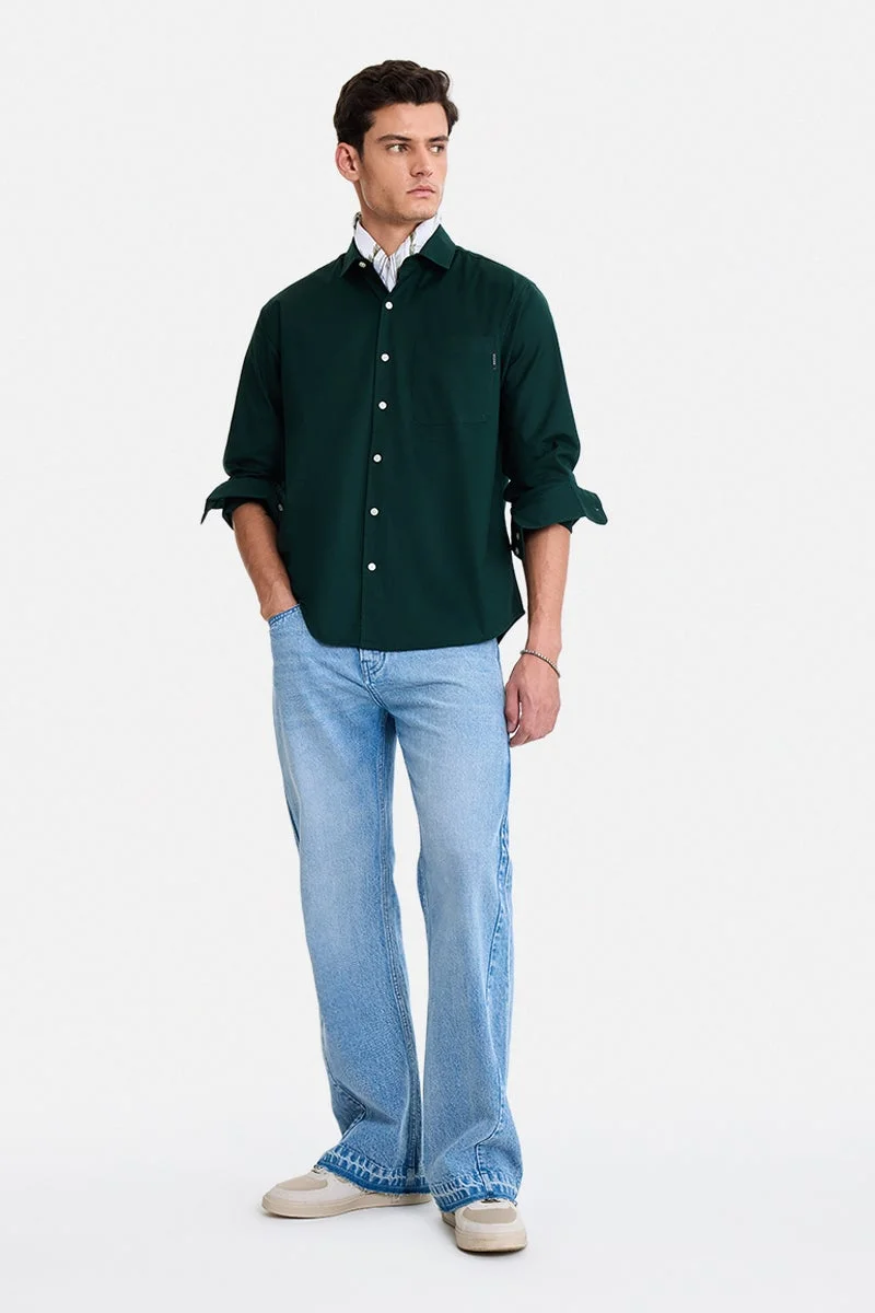 سنيتش Dark Green Solid Long Sleeve Regular Fit Casual Shirt