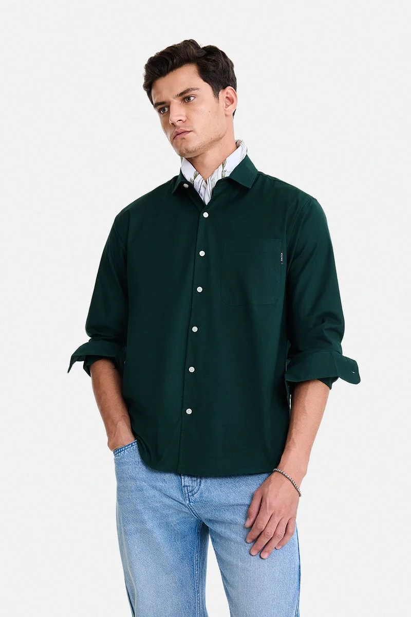 سنيتش Dark Green Solid Long Sleeve Regular Fit Casual Shirt