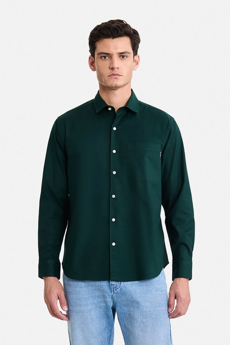 سنيتش Dark Green Solid Long Sleeve Regular Fit Casual Shirt