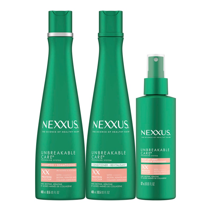 Nexxus Unbreakable Care Shampoo, Conditioner, and Leave-In Spray 3 Pack For Fine and Thin Hair with Keratin, Collagen, Biotin - Image 1