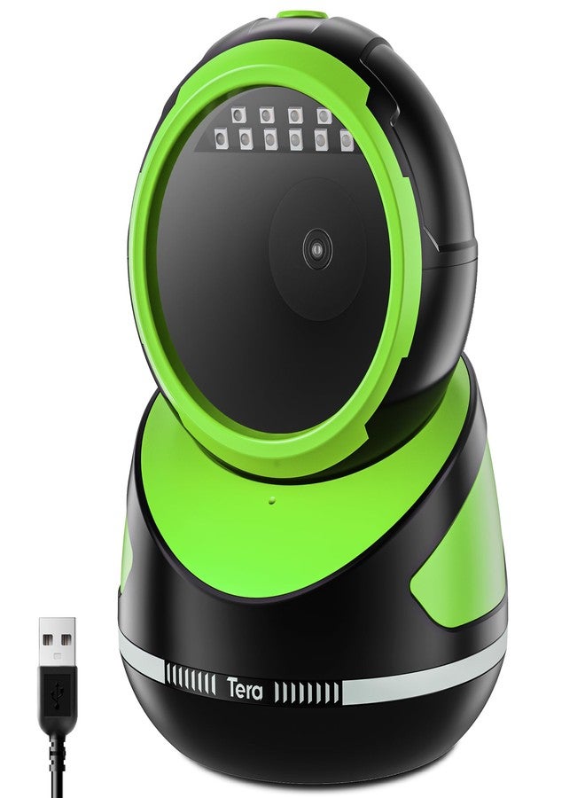 Tera Barcode Scanner Handsfree Omnidirectional: Pro Version Desktop 1D 2D QR USB Wired Adjustable Angle Plug and Play Bar Code Reader for POS Supermarket Retail Store Mobile Payment 9800 Green - Image 1