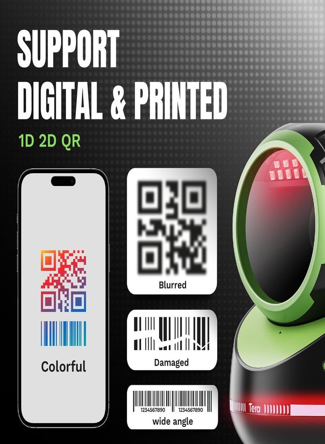 Tera Barcode Scanner Handsfree Omnidirectional: Pro Version Desktop 1D 2D QR USB Wired Adjustable Angle Plug and Play Bar Code Reader for POS Supermarket Retail Store Mobile Payment 9800 Green - Image 4