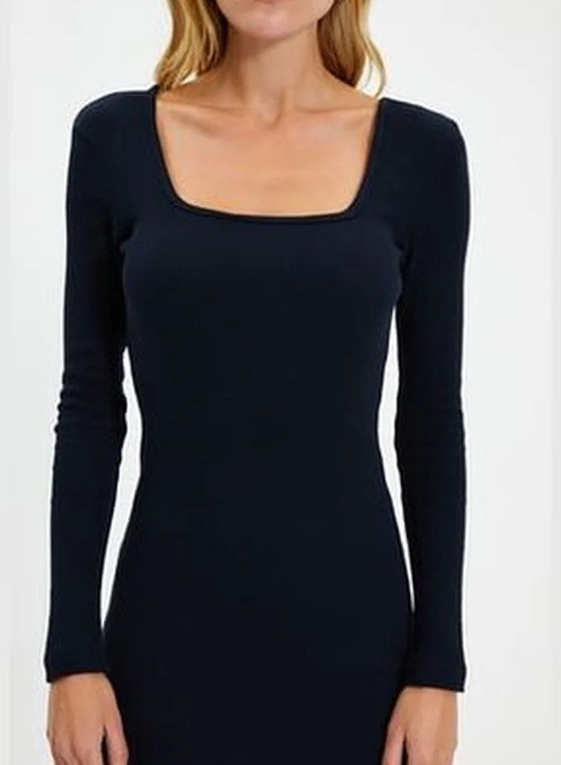 trendyol Navy Blue Square Neckline Fitted Long Sleeve Midi Twill Stretch Knit Dress TWOAW22EL0440.