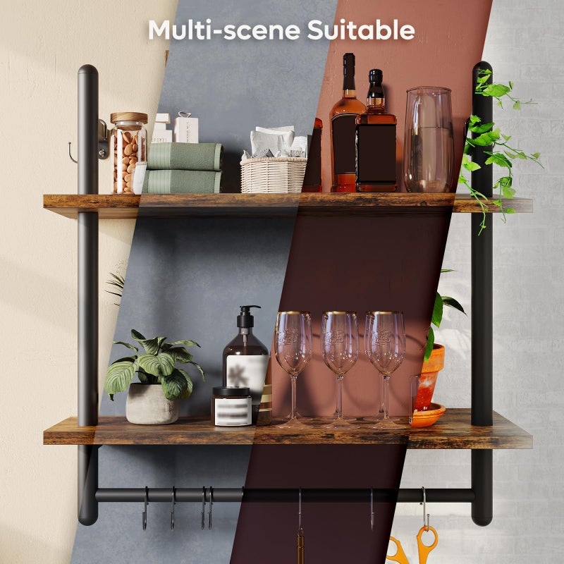 Bestier 24" Floating Kitchen Shelves Wall Mounted 2 Tier Coffee bar Shelves with 8 Hooks, Industrial Wall Shelf for Kitchen, Living Room Bedroom, Rustic Brown - Image 3