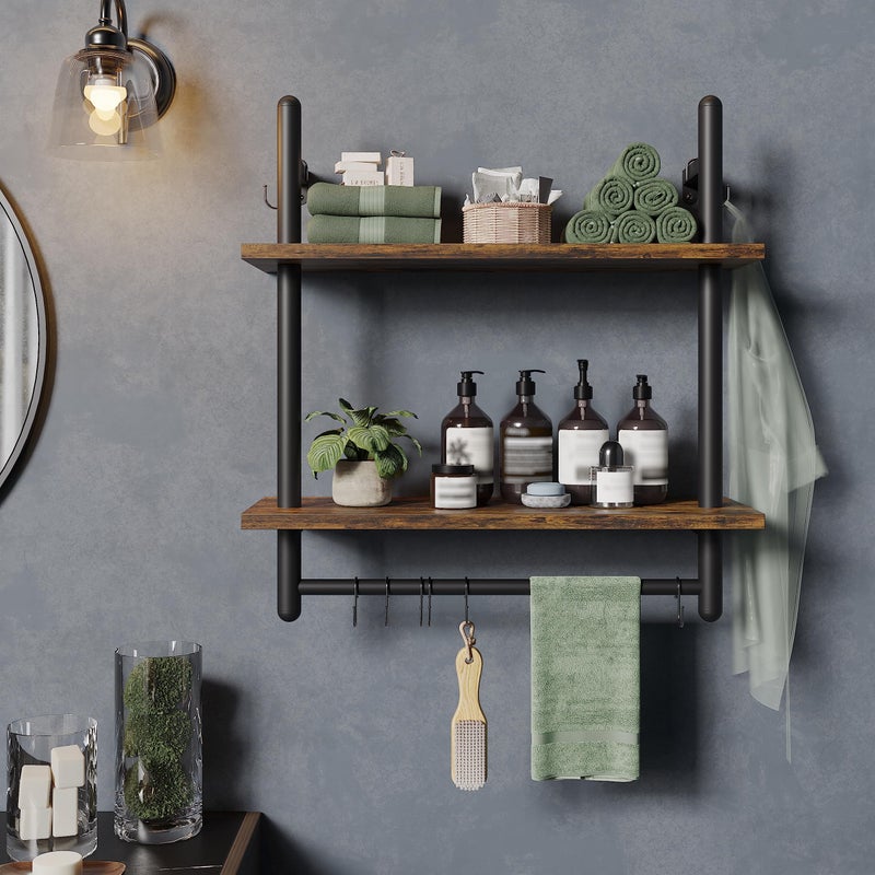 Bestier 24" Floating Kitchen Shelves Wall Mounted 2 Tier Coffee bar Shelves with 8 Hooks, Industrial Wall Shelf for Kitchen, Living Room Bedroom, Rustic Brown - Image 5