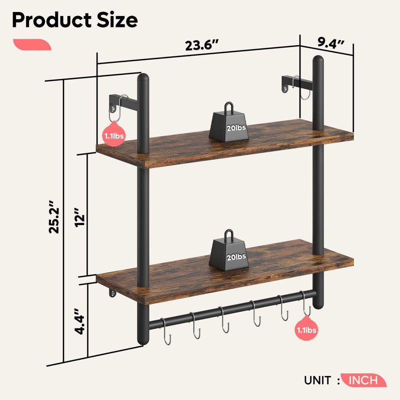 Bestier 24" Floating Kitchen Shelves Wall Mounted 2 Tier Coffee bar Shelves with 8 Hooks, Industrial Wall Shelf for Kitchen, Living Room Bedroom, Rustic Brown - Image 2