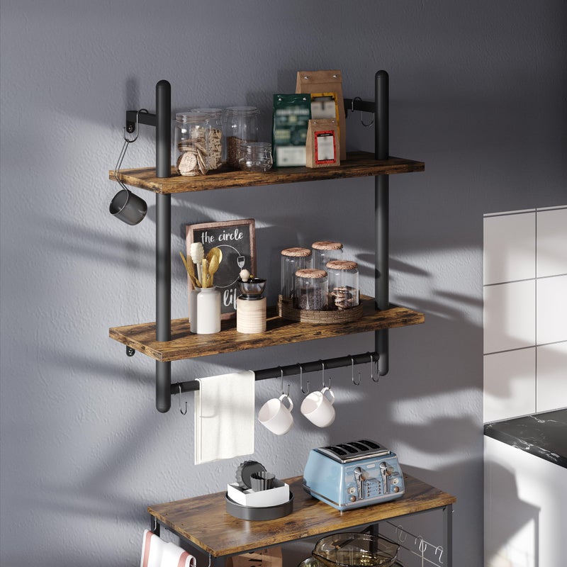Bestier 24" Floating Kitchen Shelves Wall Mounted 2 Tier Coffee bar Shelves with 8 Hooks, Industrial Wall Shelf for Kitchen, Living Room Bedroom, Rustic Brown - Image 4
