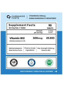 CARBAMIDE FORTE Carbamide Forte Vitamin B12 Tablets 500mcg - Active Form of Methylcobalamin B12 Supplement for Men & Women - 90 Veg Tablets  - Image 2