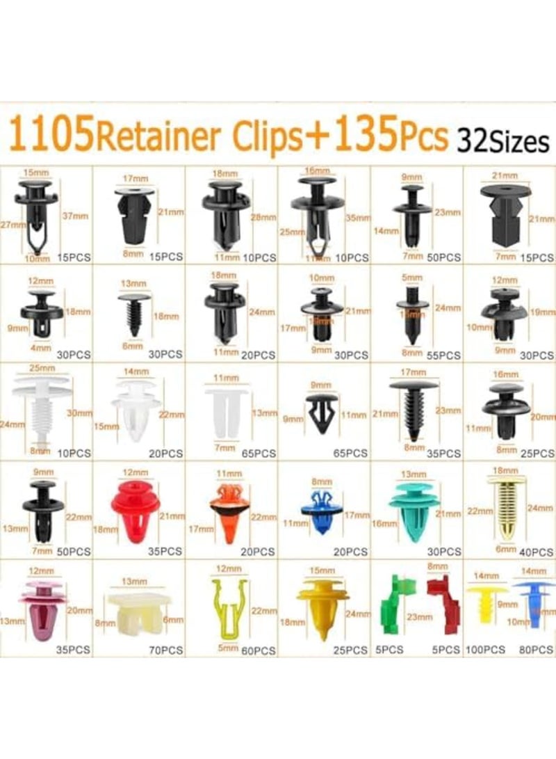 SYOSI Car Push Retainer Clips and Auto Fasteners Kit, 32 Universal Sizes Bumper Fender Rivets Set with 10 Cable Ties and Clip Remover Tool for Toyota, GM, Ford, Honda, Chevy (1240Pcs,Black) - Image 3