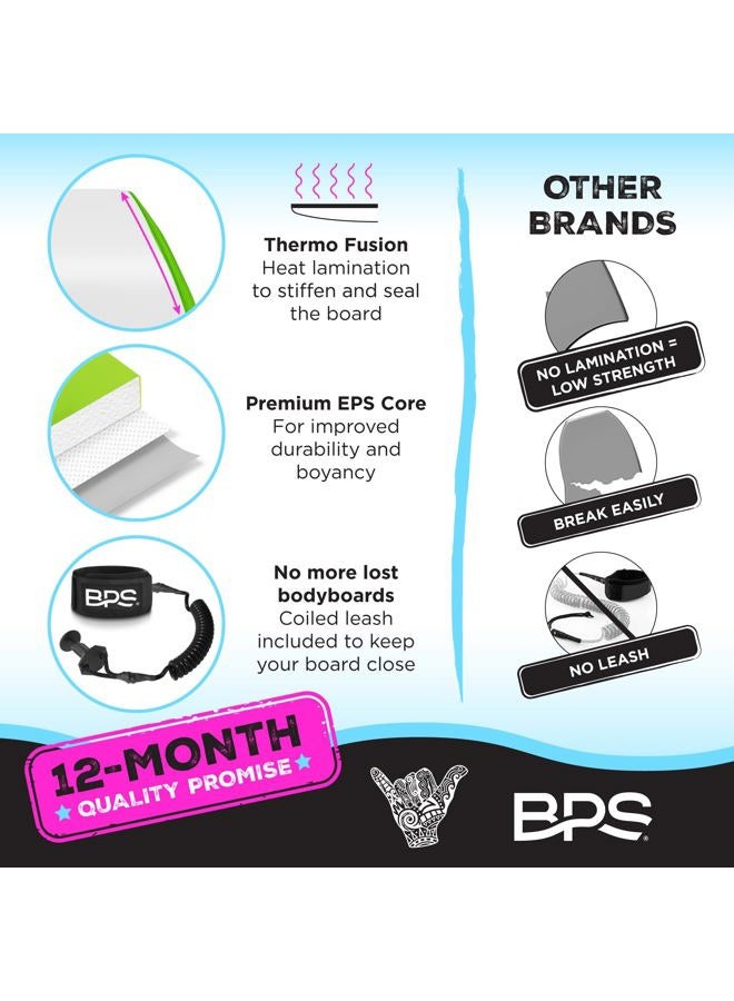 BPS 37" Body Board Pack for Kids and Adult - Lightweight Bodyboard w/ HDPE Slick Bottom for Additional Speed and Maneuverability - Bodyboard with Includes Leash Coiled (Green/Purple) - Image 3
