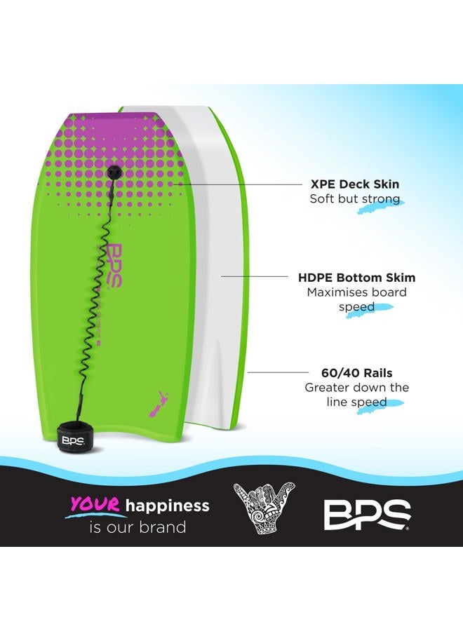 BPS 37" Body Board Pack for Kids and Adult - Lightweight Bodyboard w/ HDPE Slick Bottom for Additional Speed and Maneuverability - Bodyboard with Includes Leash Coiled (Green/Purple) - Image 4