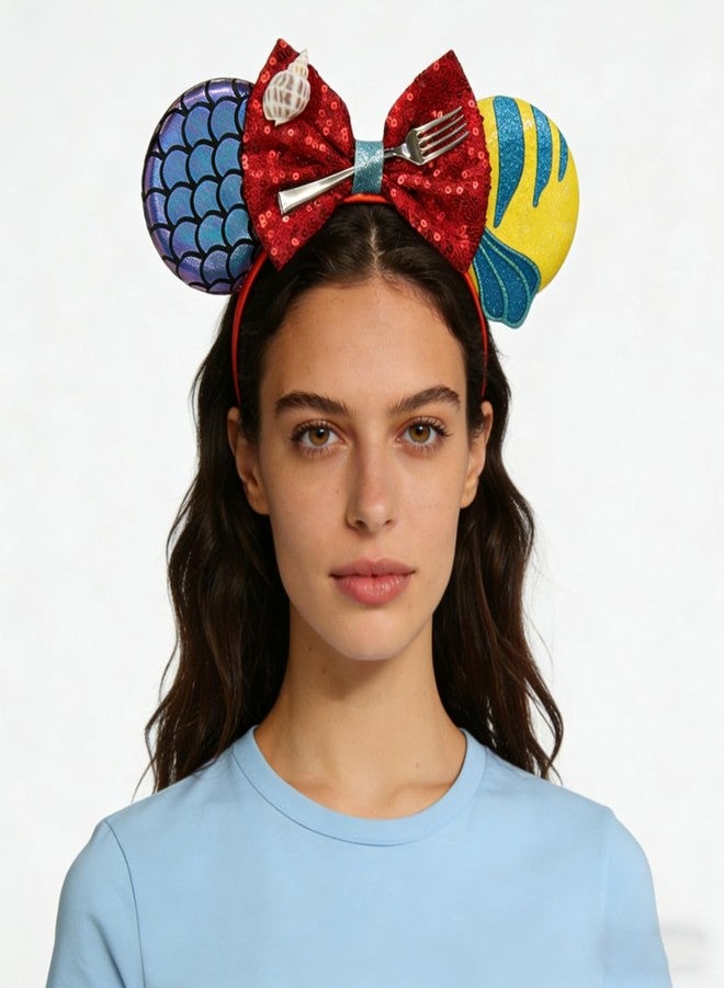 Bmobuo Mermaid Mouse Ears Headband for Women, Fish Scales Mouse Ears Sequin Bows Headband Mouse Ears for Adult Park Ears - Image 2
