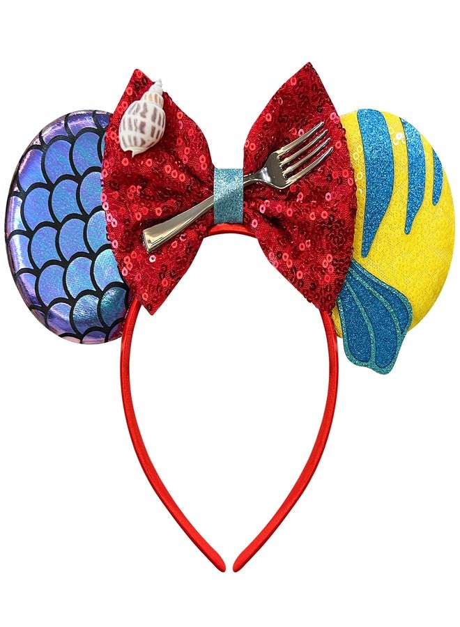 Bmobuo Mermaid Mouse Ears Headband for Women, Fish Scales Mouse Ears Sequin Bows Headband Mouse Ears for Adult Park Ears - Image 1