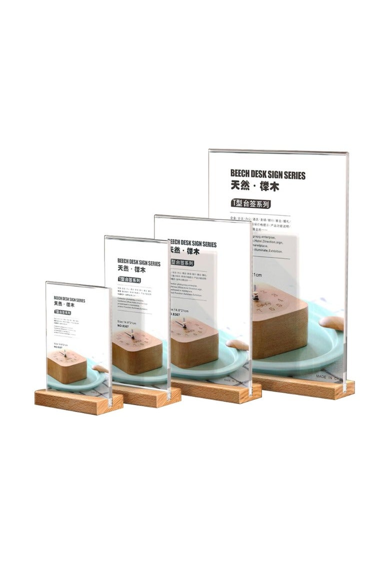 Kalon A6 Clear Acrylic Display Stand PACK OF 5PCS with Beech Wooden Base – Vertical Table Sign Holder for Menus Holder T-Type for Menu,  Restaurant Advertising Price List Display Table StandPhotos, Notices - Image 1
