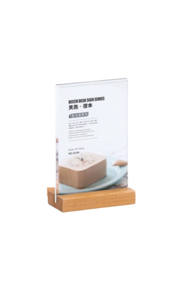 Kalon A6 Clear Acrylic Display Stand PACK OF 5PCS with Beech Wooden Base – Vertical Table Sign Holder for Menus Holder T-Type for Menu,  Restaurant Advertising Price List Display Table StandPhotos, Notices - Image 2