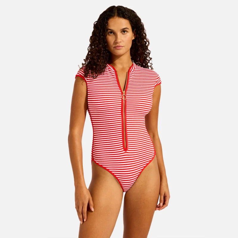 سيفولي Clubhouse Cap Sleeve Zip Front One Piece Swimsuit - Women