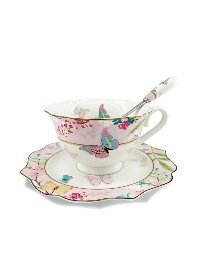 Krysclove Vintage Ceramic Teacup, Elegant Coffee Cup with Spoon and Saucer Set, Royal Bone China Tea Cups (Pink) - Image 1