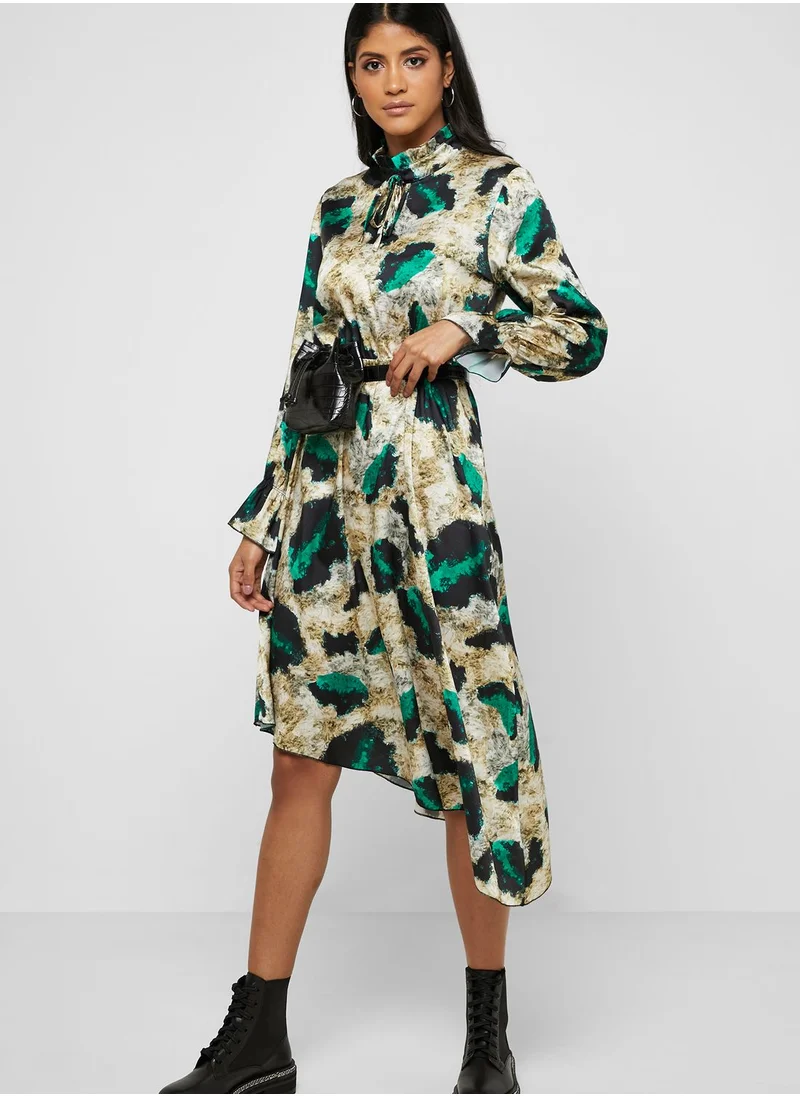 ELLA Animal Print Asymmetrical Hem Shirt Midi Dress