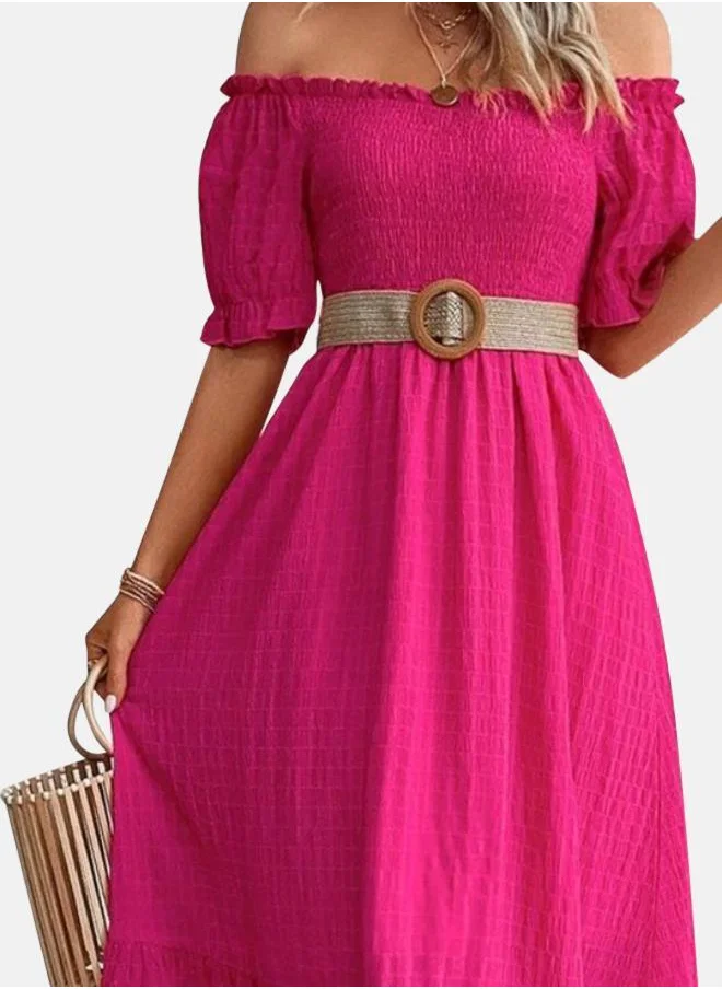 YUNIQEE Pink Off-Shoulder Puff Sleeves Cotton Fit and Flare Midi Dress