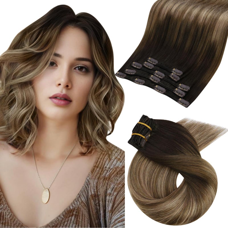 Moresoo Brown to Blonde Clip in Hair Extensions Ombre Human Hair Clip in Extensions Straight Balayage Hair Extensions for Women Ombre Dark to Ash Brown with Dark Blonde for Short 5pcs 80g 10inch