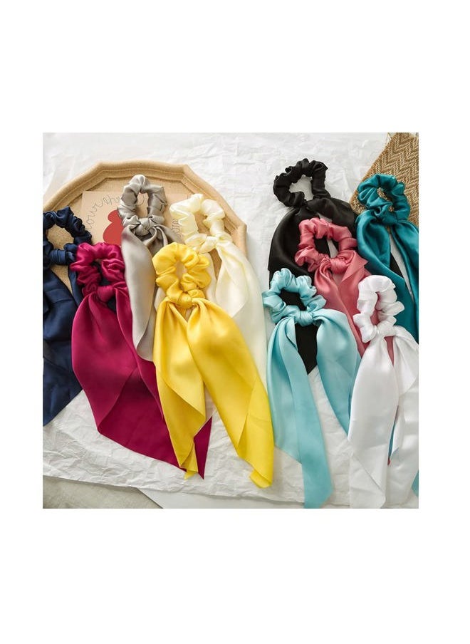 Funlovin - Silk Hair Scarf Scrunchies Satin Bow Scrunchie Hair Ribbon Scarf Ties Ponytail Holder Bunny Ear Bowknot Knotted Scrunchy with Long Tails (10pcs) - Image 1
