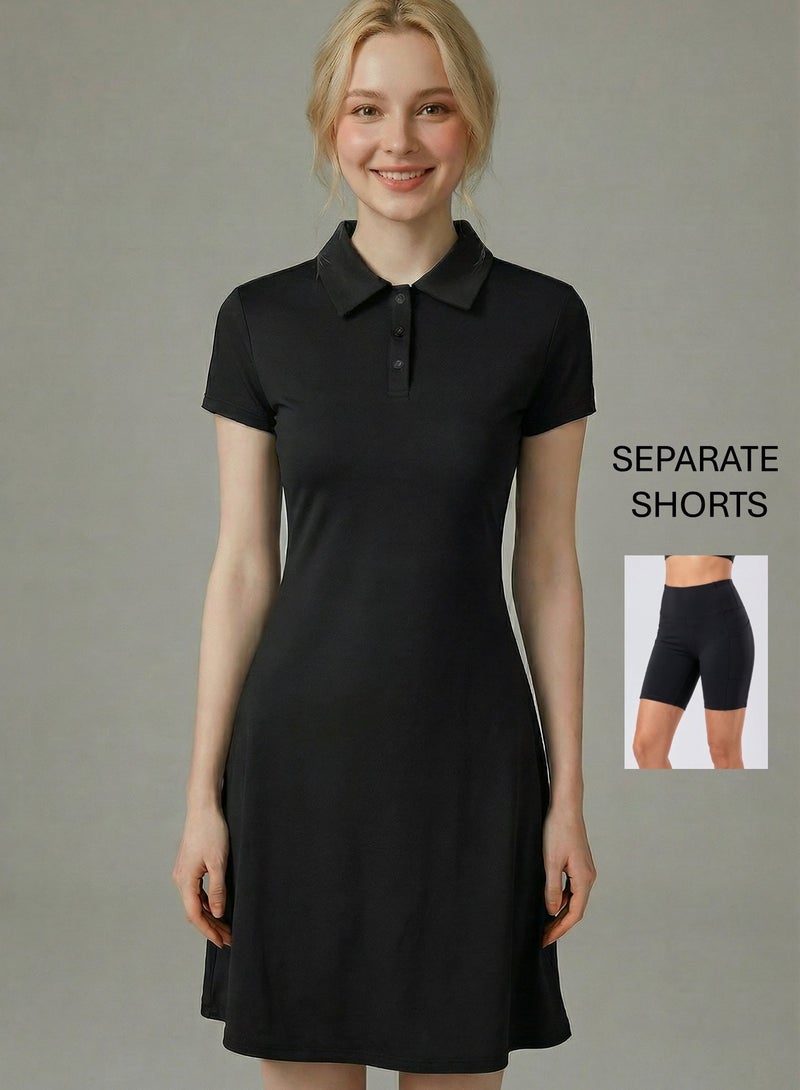 SVL Long Padel & Tennis Dress with Separate Shorts - Black - SVL - Image 1