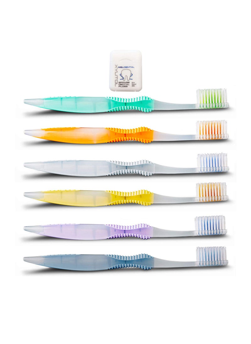 WELdental Sofresh Flossing Toothbrush 6 Variety Adult Soft Bundle with 1 Xylitol Dental Floss 