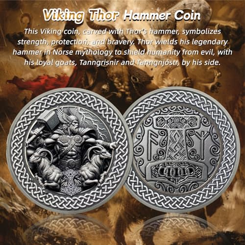 IELCJJ Viking Thor Hammer Coin - Viking Runes Mjolnir Coin Token - Tanngrisnir Tanngnjóstr Norse Mythology Protective Talisman Amulet Medallions - Powerful Viking Gifts for Men Women Kids - Image 2