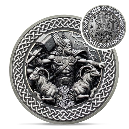 IELCJJ Viking Thor Hammer Coin - Viking Runes Mjolnir Coin Token - Tanngrisnir Tanngnjóstr Norse Mythology Protective Talisman Amulet Medallions - Powerful Viking Gifts for Men Women Kids - Image 1