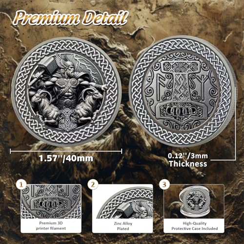 IELCJJ Viking Thor Hammer Coin - Viking Runes Mjolnir Coin Token - Tanngrisnir Tanngnjóstr Norse Mythology Protective Talisman Amulet Medallions - Powerful Viking Gifts for Men Women Kids - Image 3