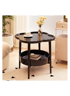 2-Tier End Table, Sofa Side Table, Modern Small Coffee Table Accent Table, Clover Shaped Side Table, Modern Sofa Snack Table with Round Tray for Living Room, Bedroom, Balcony, Patio (Black)