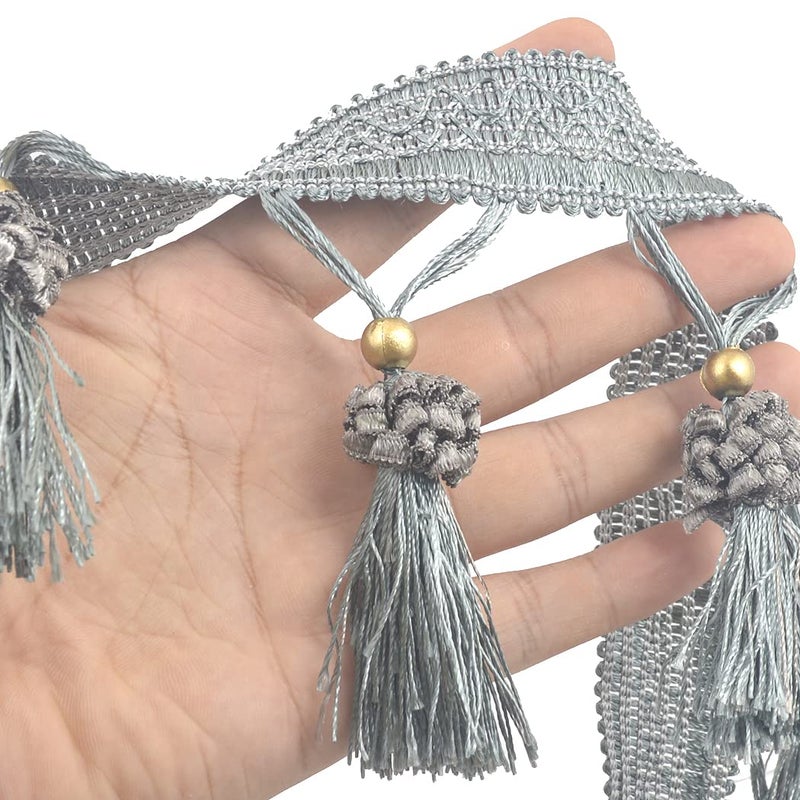 Kuasting Fringe Tassel Lace Trim 12.5 Yards Braided Hanging Beads Handwork DIY Craft Sewing Accessory Lace for Home Curtain Table Decoration (Light Blue) - Image 2