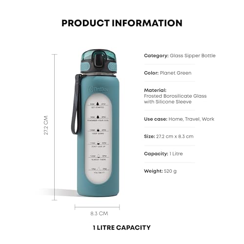 TintBox 1 Litre Motivational Borosilicate Glass Sipper with Silicone Sleeve, Time Markings, Leak-Proof (Planet Green) - Image 2