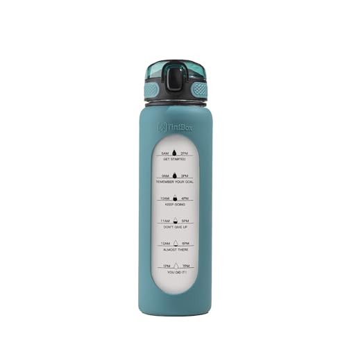 TintBox 1 Litre Motivational Borosilicate Glass Sipper with Silicone Sleeve, Time Markings, Leak-Proof (Planet Green) - Image 1