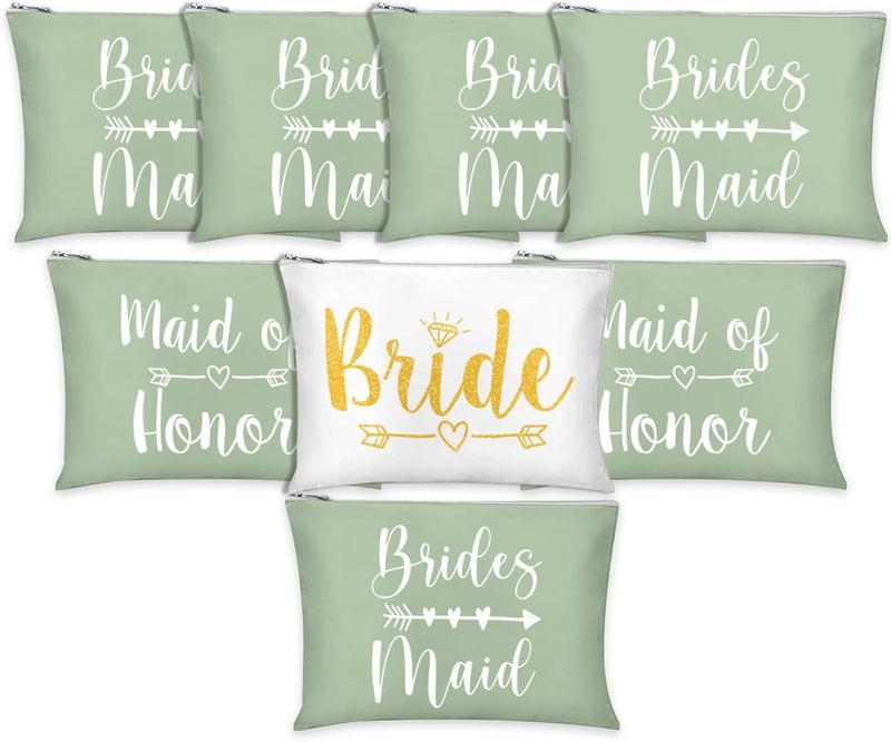 Whaline 8Pcs Bridesmaids Makeup Bags Wedding Bridal Cosmetic Canvas Organizer Bag Sage Green Maid of Honor Zipper Cosmetic Pouch for Women Wedding Bridal Shower Party Favor Supplies