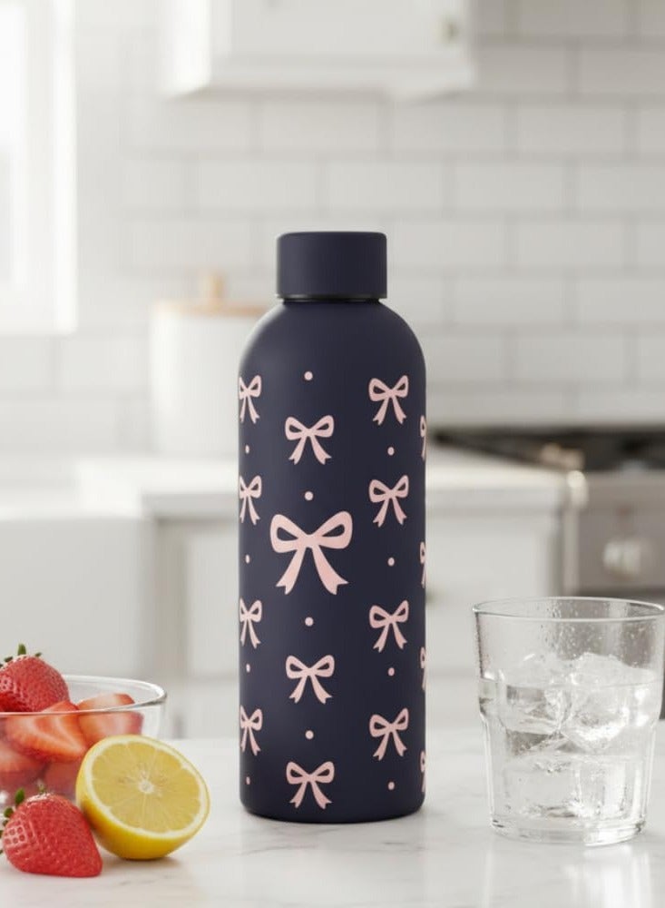 Stainless Steel Water Bottle, Black with Pink Bow Pattern, Double-Wall Thermal Flask, 500ml, Food-Grade Metal Construction, for Daily Use - Image 1