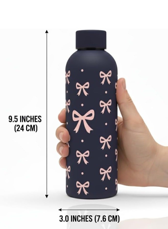 Stainless Steel Water Bottle, Black with Pink Bow Pattern, Double-Wall Thermal Flask, 500ml, Food-Grade Metal Construction, for Daily Use - Image 3