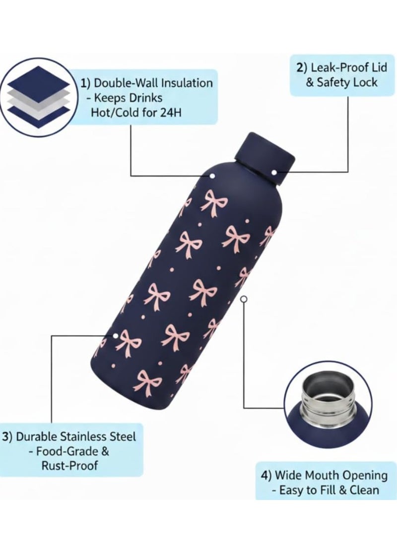 Stainless Steel Water Bottle, Black with Pink Bow Pattern, Double-Wall Thermal Flask, 500ml, Food-Grade Metal Construction, for Daily Use - Image 4