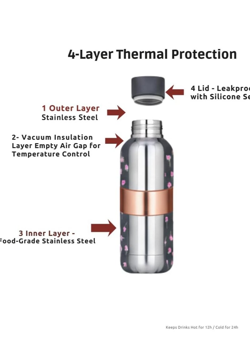 Stainless Steel Water Bottle, Black with Pink Bow Pattern, Double-Wall Thermal Flask, 500ml, Food-Grade Metal Construction, for Daily Use - Image 5