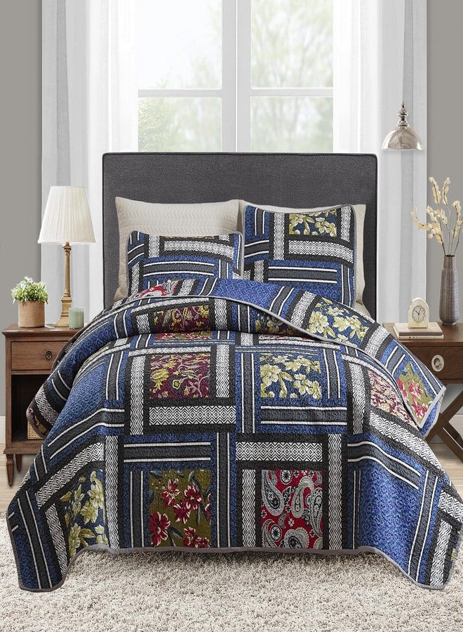 Flysheep 2 Pieces Patchwork Quilt Set Twin Size, Navy Blue Floral Farmhouse Bedspread Coverlet Set, Soft Microfiber Reversible Lightweight Bed Cover for Kids (68" x 86", 1 Quilt+ 1 Pillow Sham) - Image 1