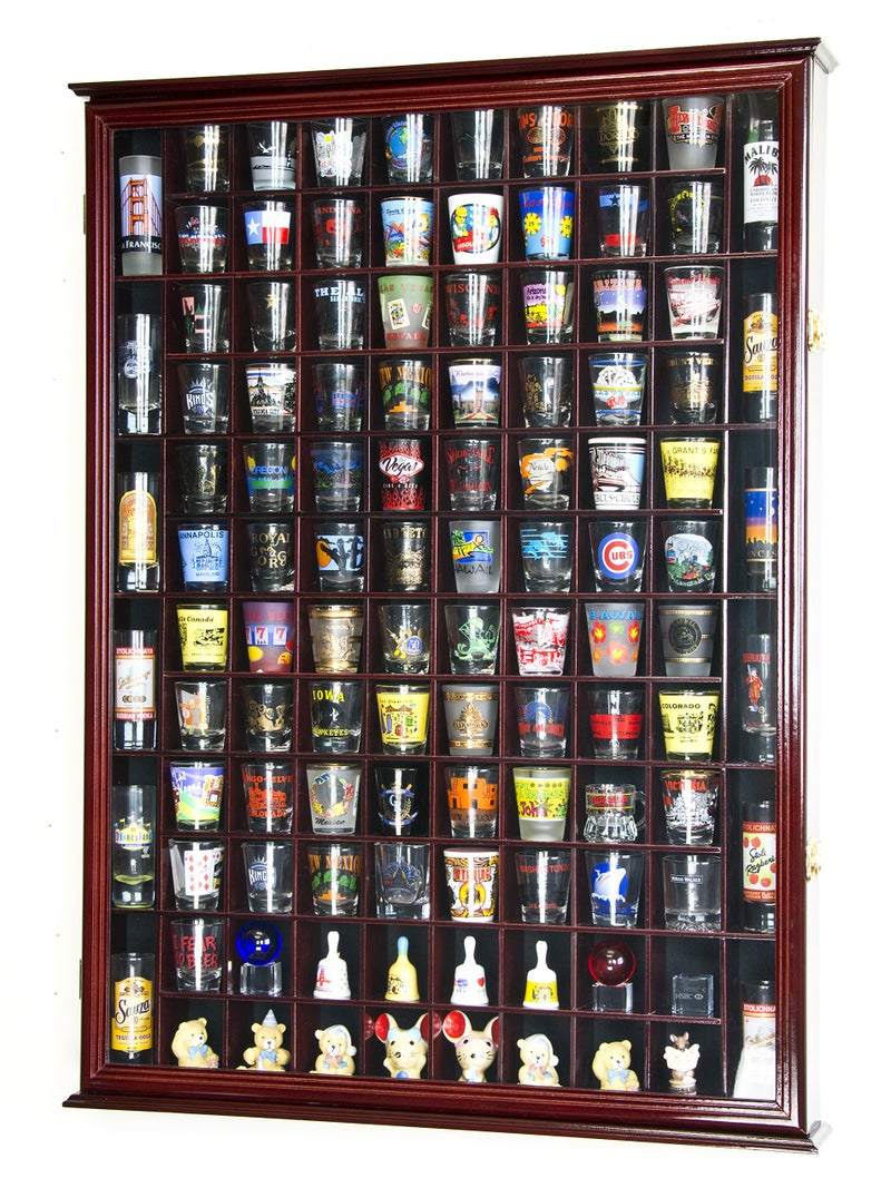 sfDisplay.com, Factory Direct Display Cases 108 Shot Glass Shotglass Shooter Display Case Holder Cabinet Wall Rack 98 UV Lockable Door Cherry 