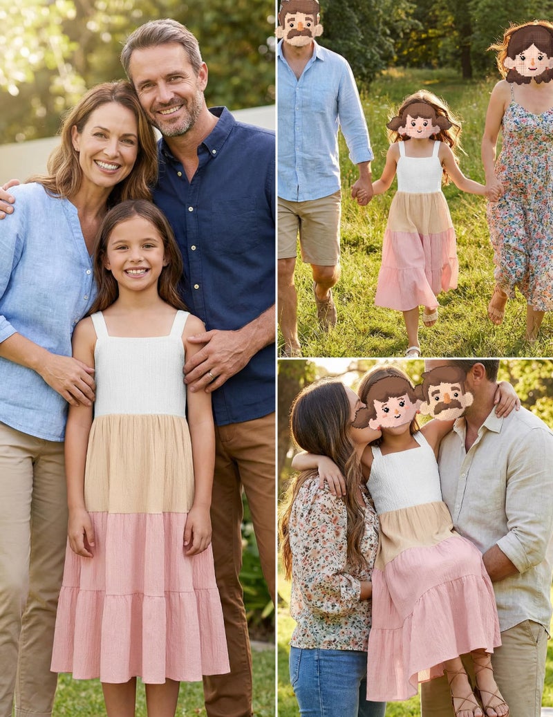 Arshiner Girl's Spaghetti Strap Dress Big Girl Boho Sleeveless Summer Casual A-line Maxi Sundress with Pockets White & Pink 10-11 Years - Image 4