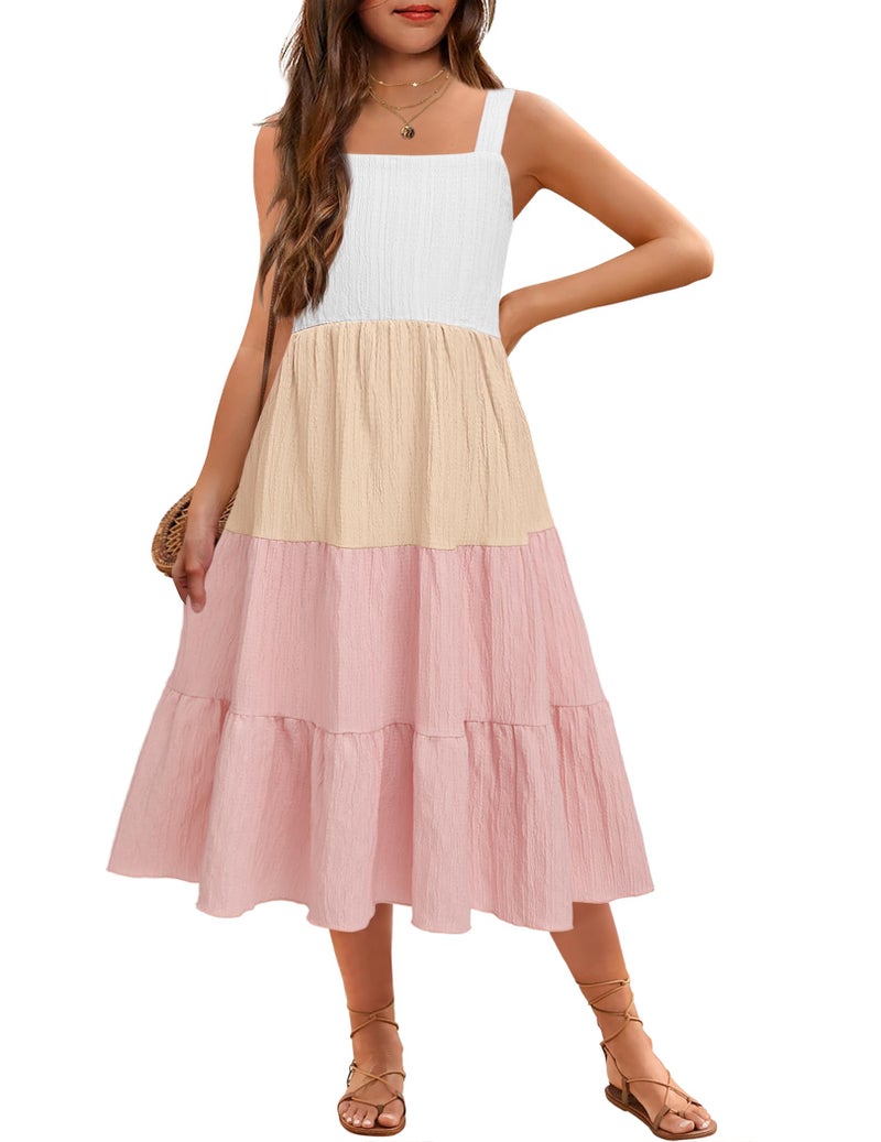 Arshiner Girl's Spaghetti Strap Dress Big Girl Boho Sleeveless Summer Casual A-line Maxi Sundress with Pockets White & Pink 10-11 Years - Image 1