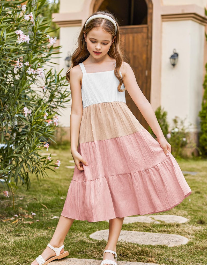 Arshiner Girl's Spaghetti Strap Dress Big Girl Boho Sleeveless Summer Casual A-line Maxi Sundress with Pockets White & Pink 10-11 Years - Image 2