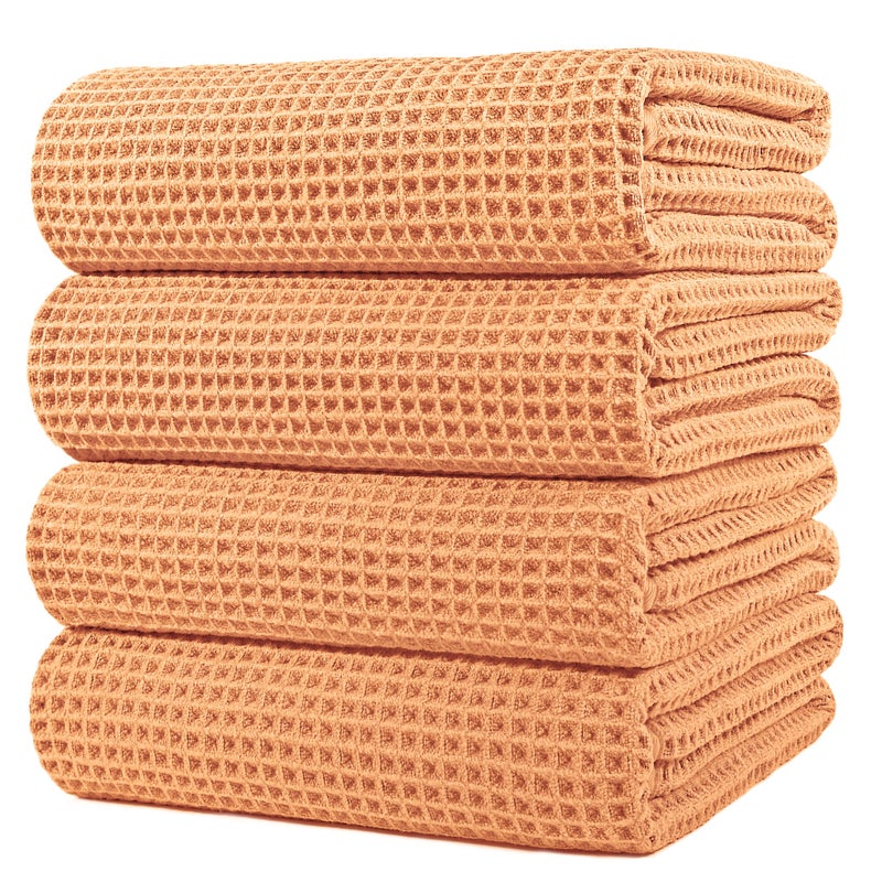 POLYTE Microfiber Oversize Quick Dry Lint Free Bath Towel 60 x 30 in 4 Pack Orange Waffle Weave