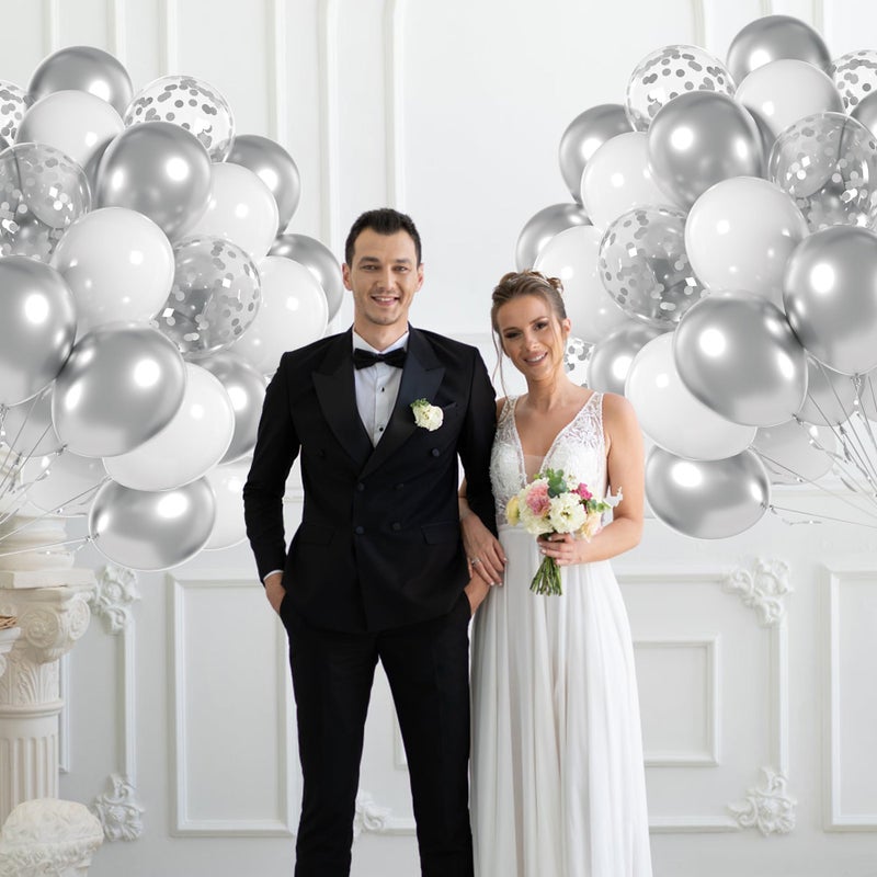 awenztech 60pcs White and Silver Balloons 12inch, Silver and White Balloons with Metallic Silver Confetti Balloons for Birthday Baby Shower Wedding Anniversary New Years Party Decorations - Image 5