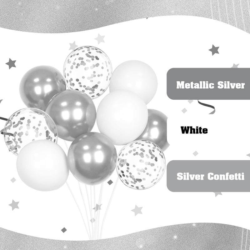 awenztech 60pcs White and Silver Balloons 12inch, Silver and White Balloons with Metallic Silver Confetti Balloons for Birthday Baby Shower Wedding Anniversary New Years Party Decorations - Image 4